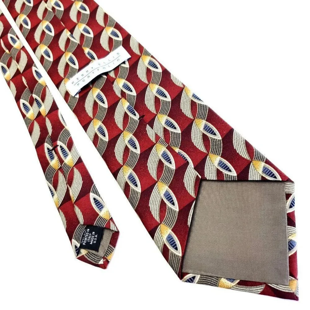 Perry Ellis Portfolio‎ Red Beige Silk Tie Woven Short Wide Geometric